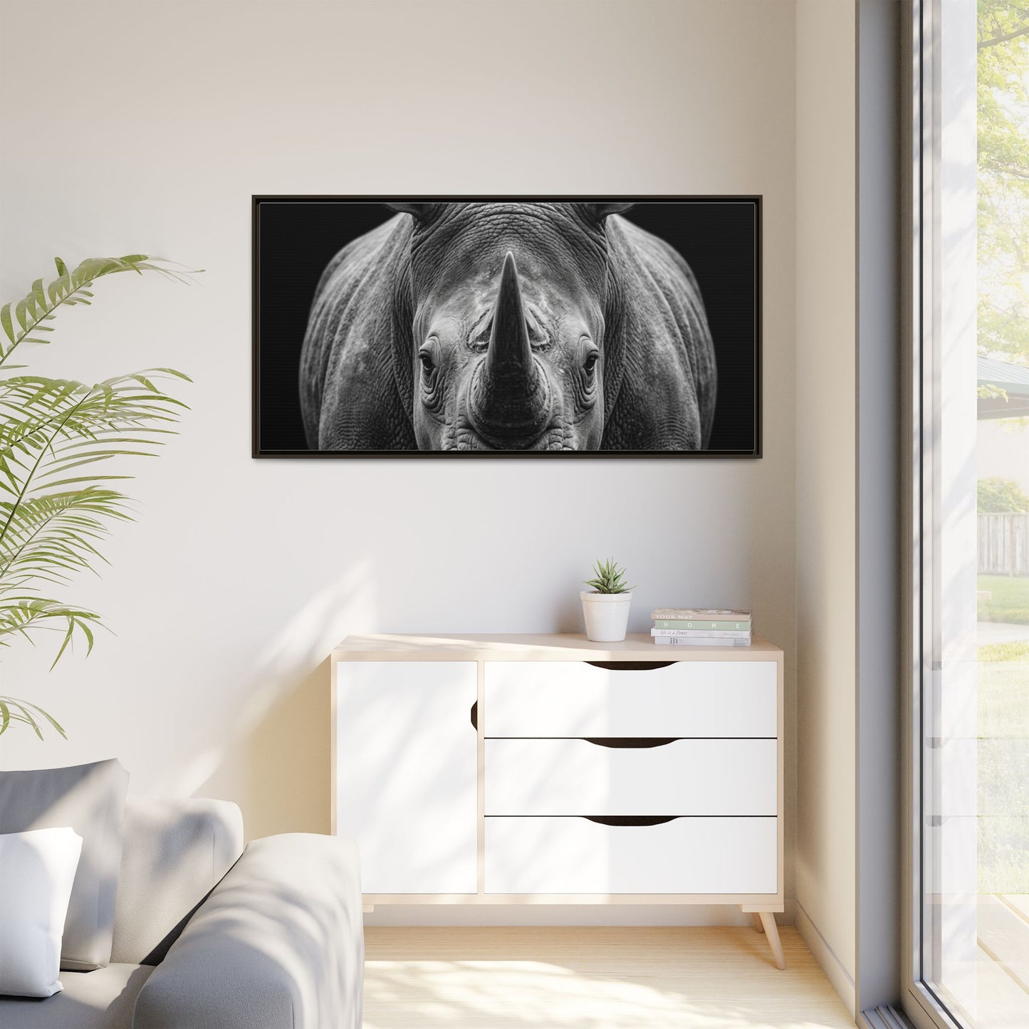 Framed Canvas Print — Rhinoceros In Black