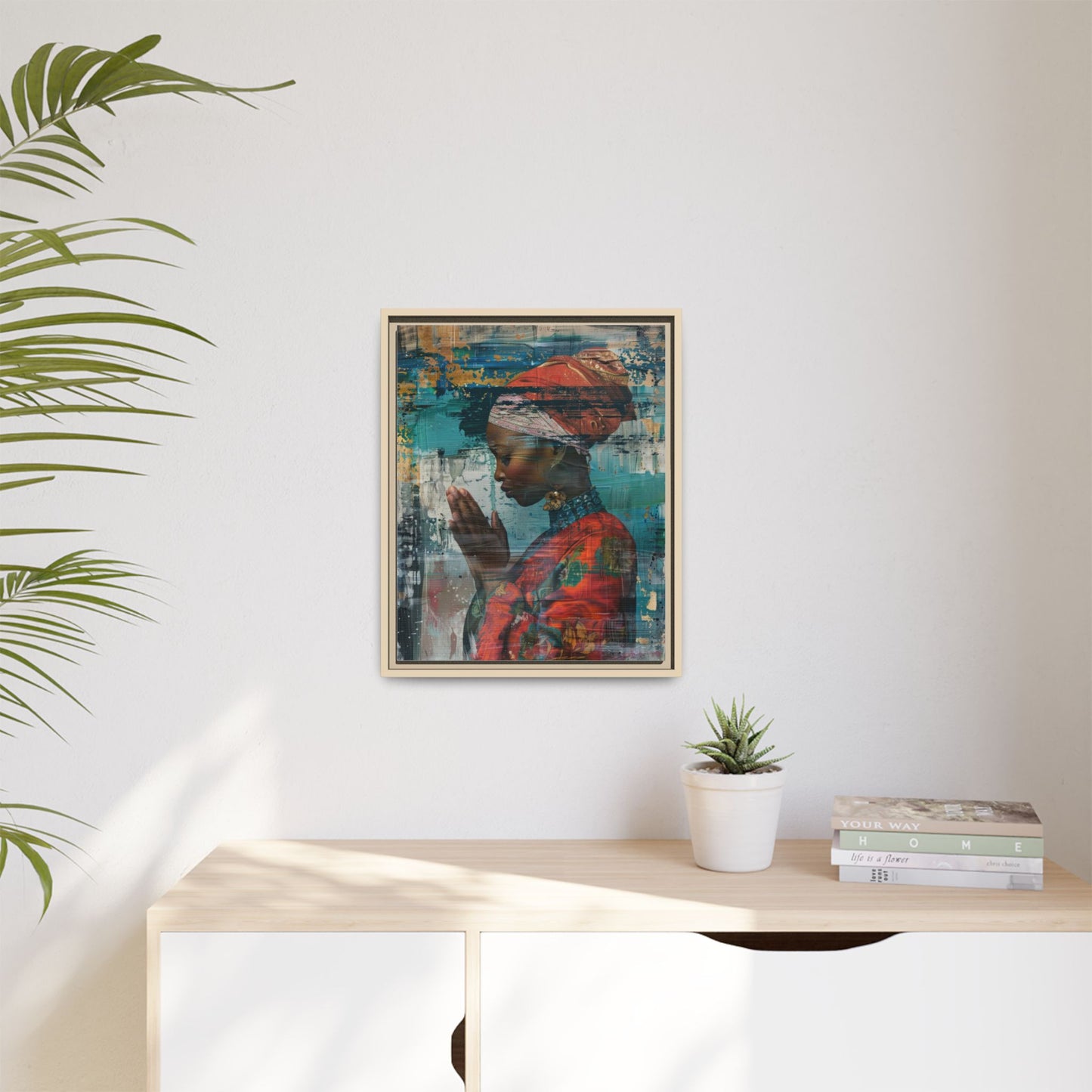 Framed Canvas Print — Woman In Red Dress Praying