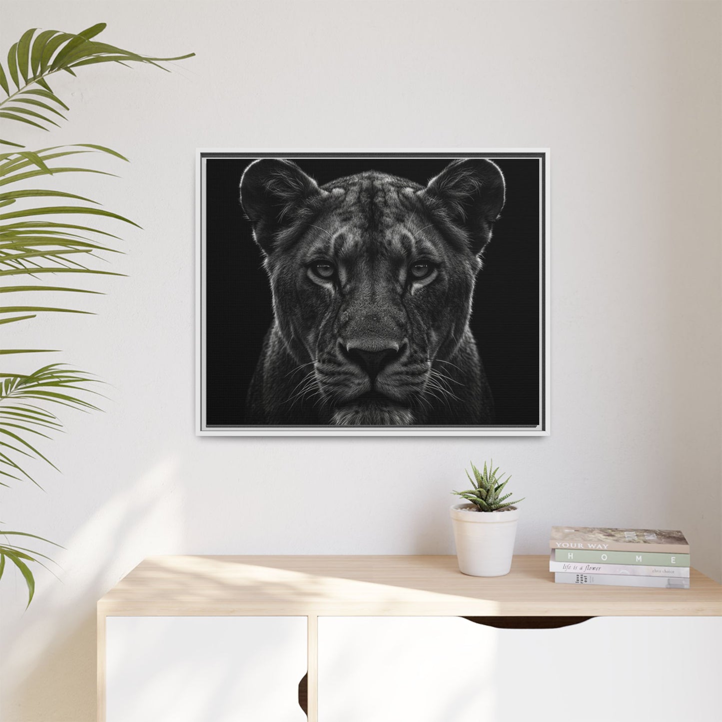 Framed Canvas Print — Lioness In Black