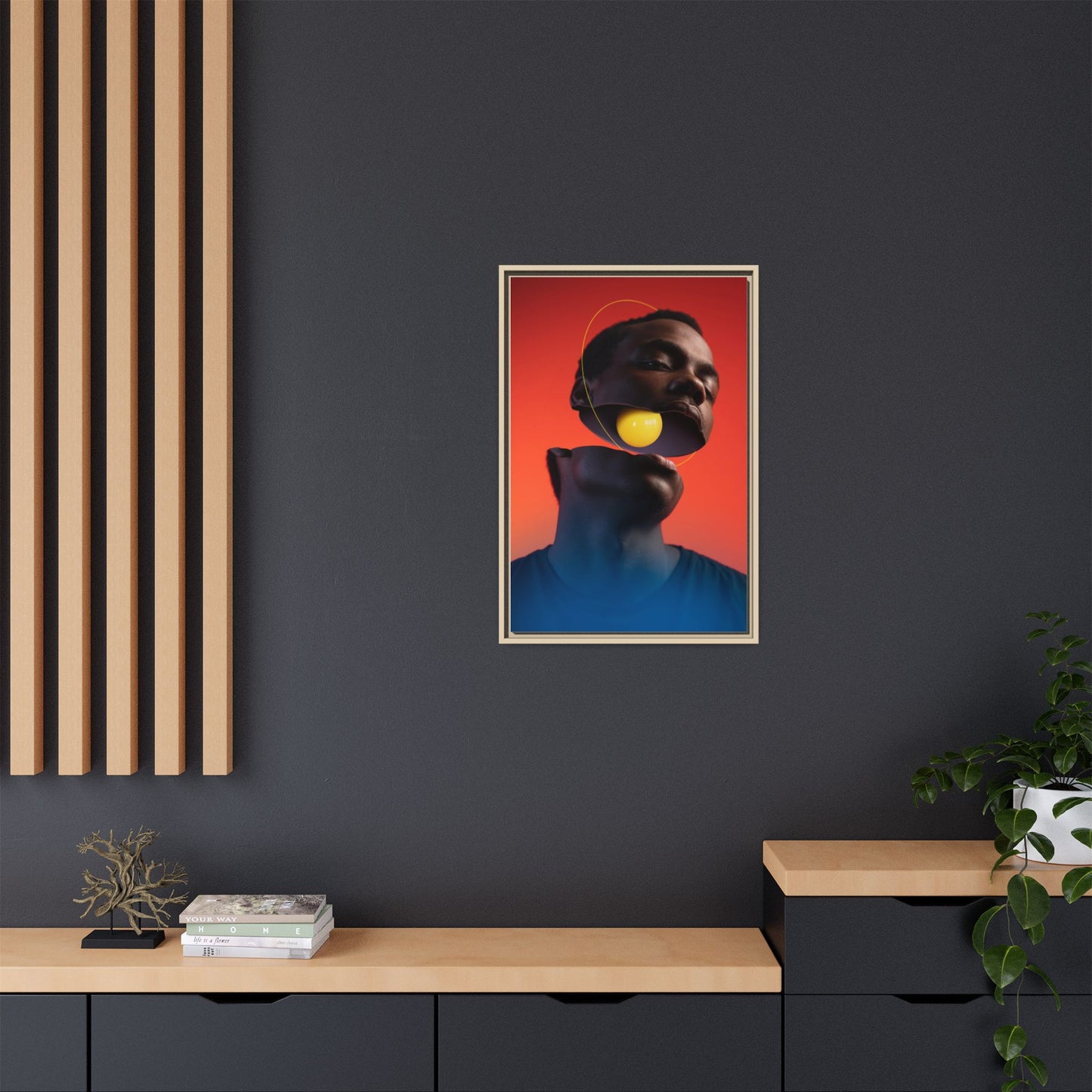 Framed Canvas Print — Floating Face With Yellow Orb