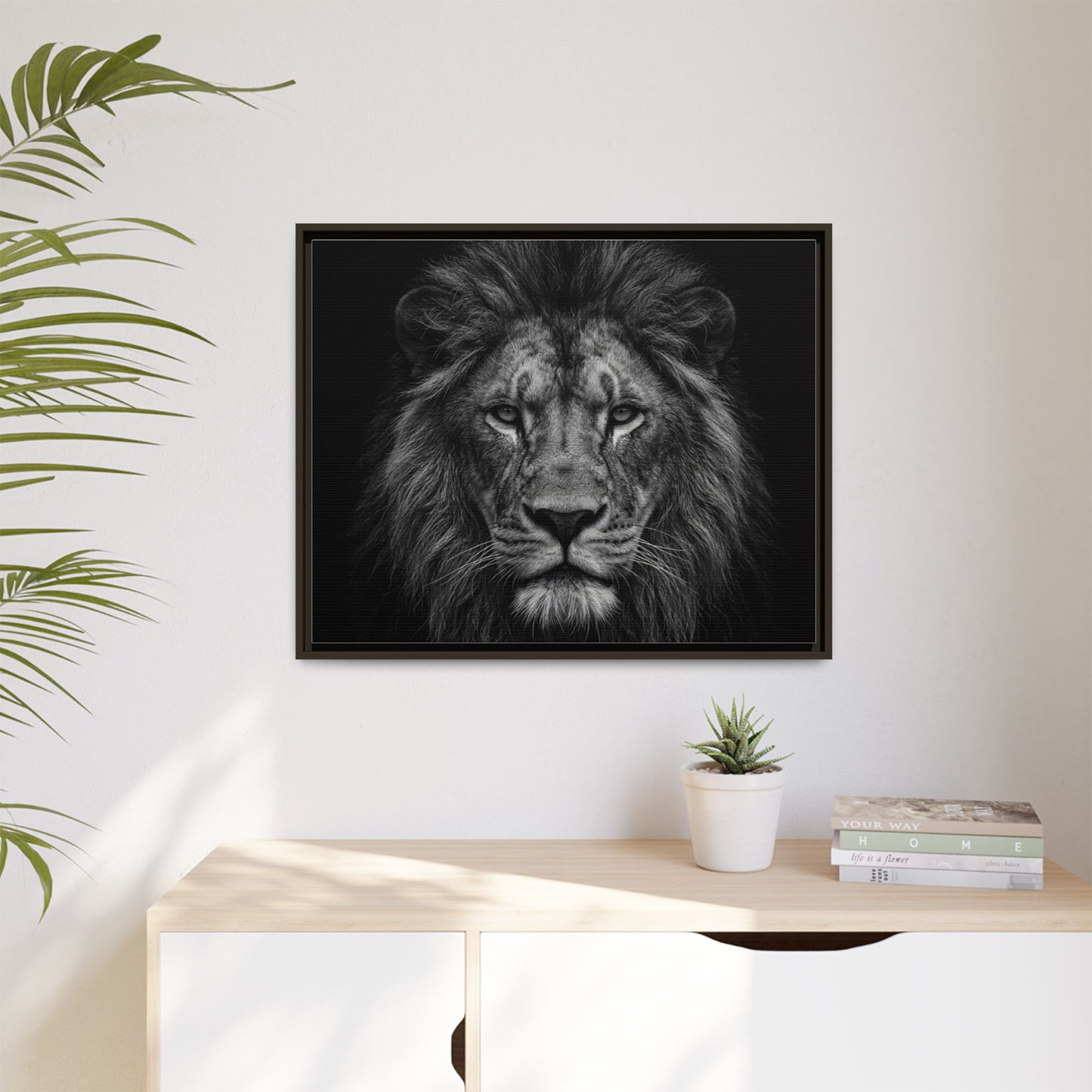 Framed Canvas Print — Lion In Black