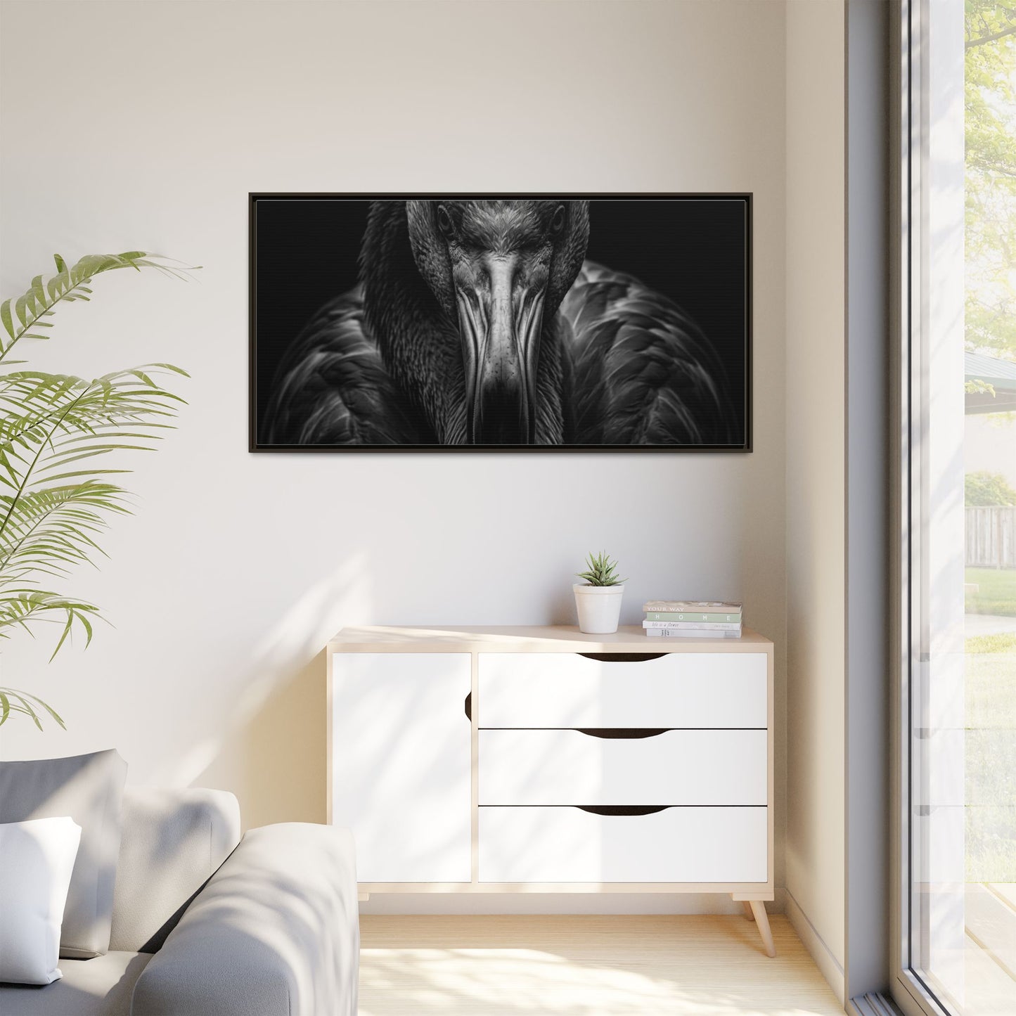 Framed Canvas Print — Flamingo In Black