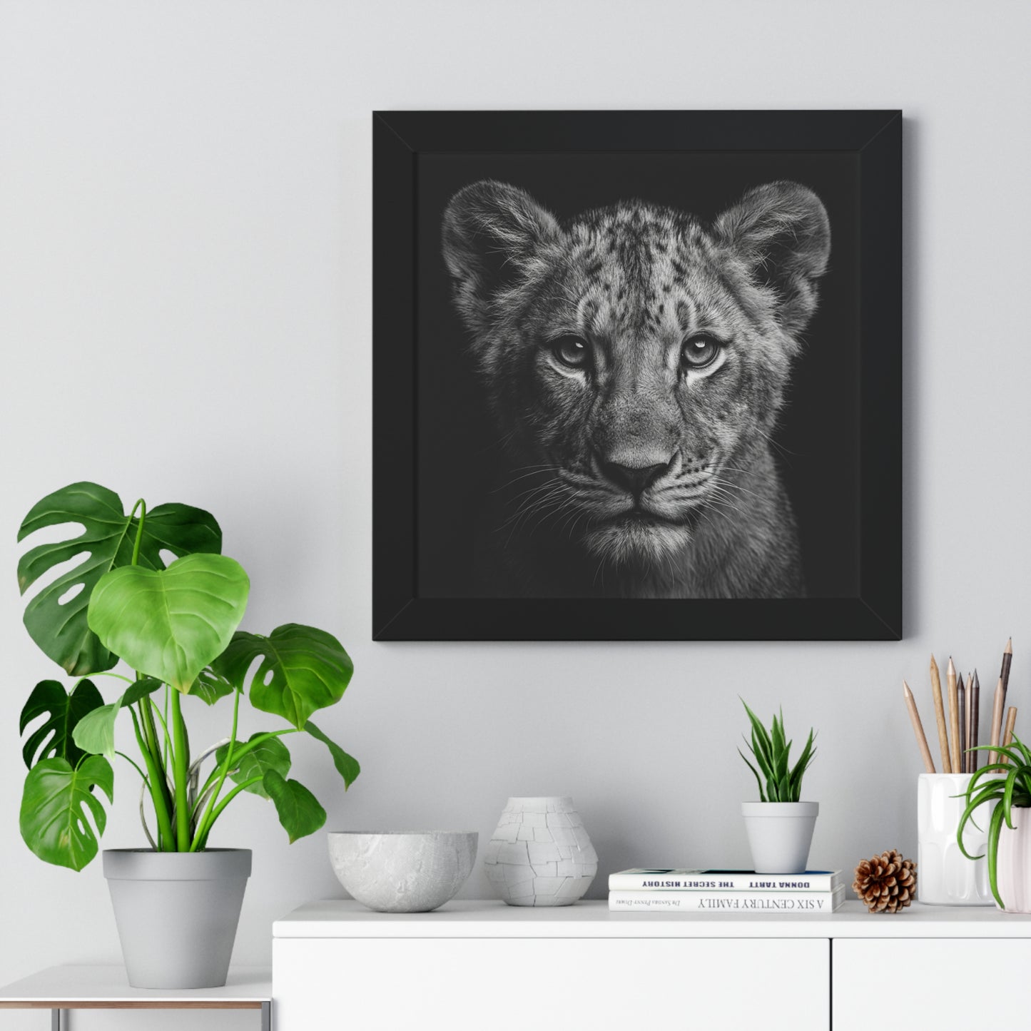 Framed Art Print – Lion Cub In Black