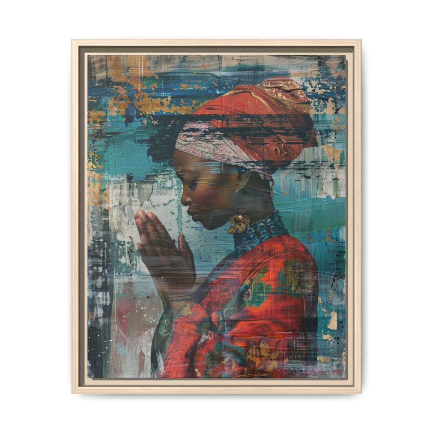 Framed Canvas Print — Woman In Red Dress Praying
