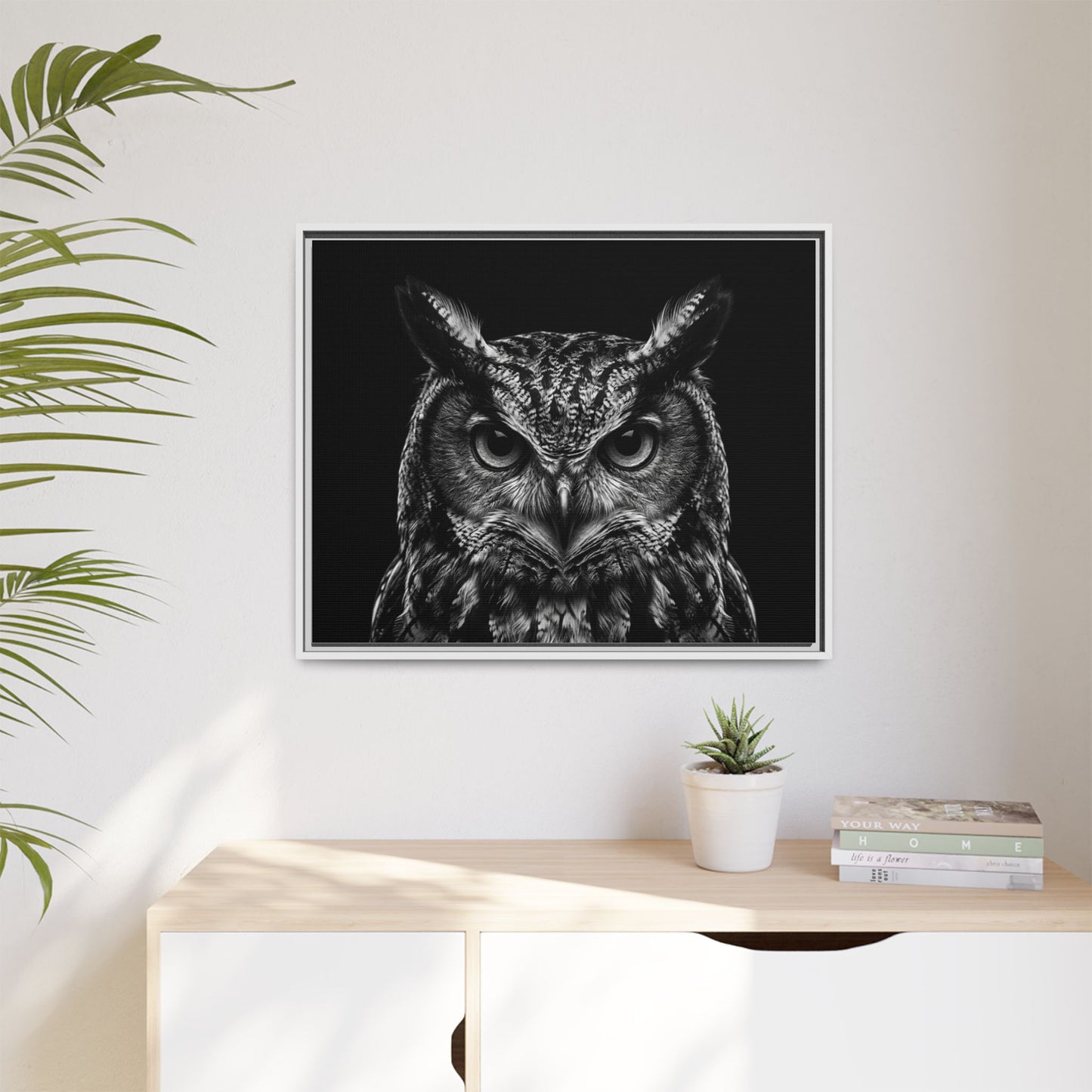 Framed Canvas Print — Scops Owl In Black
