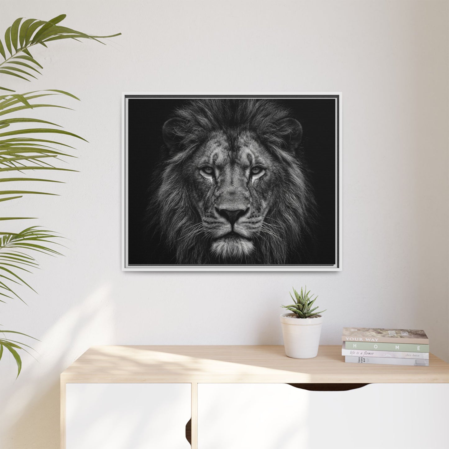 Framed Canvas Print — Lion In Black