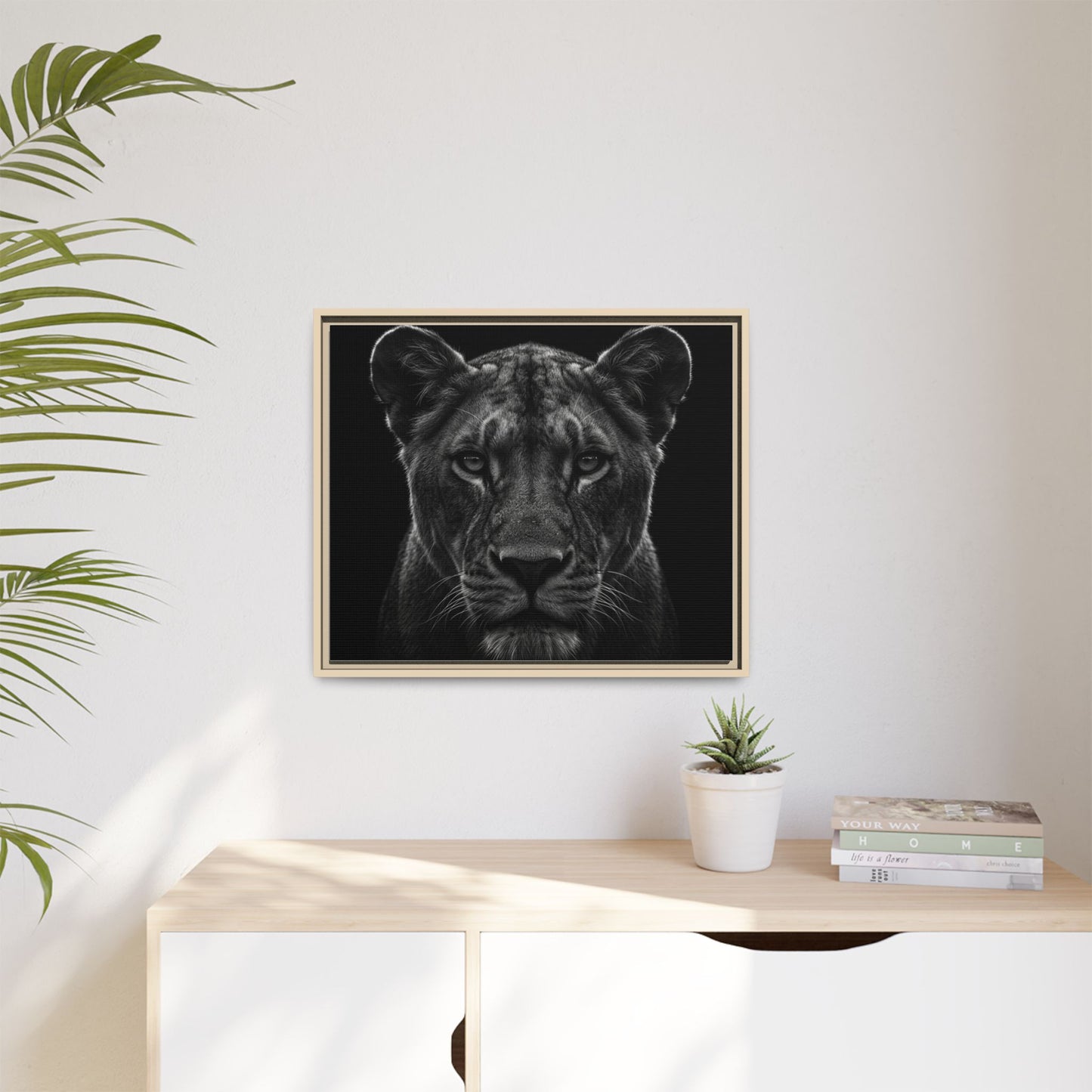 Framed Canvas Print — Lioness In Black