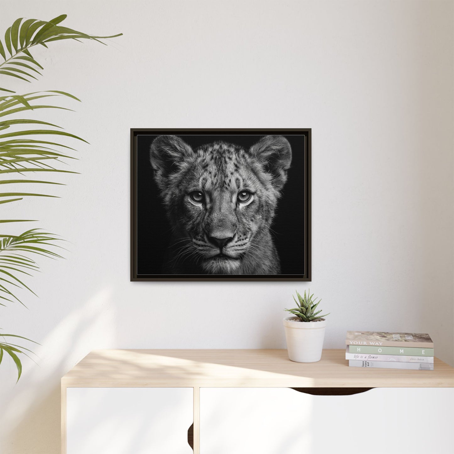Framed Canvas Print — Lion Cub In Black