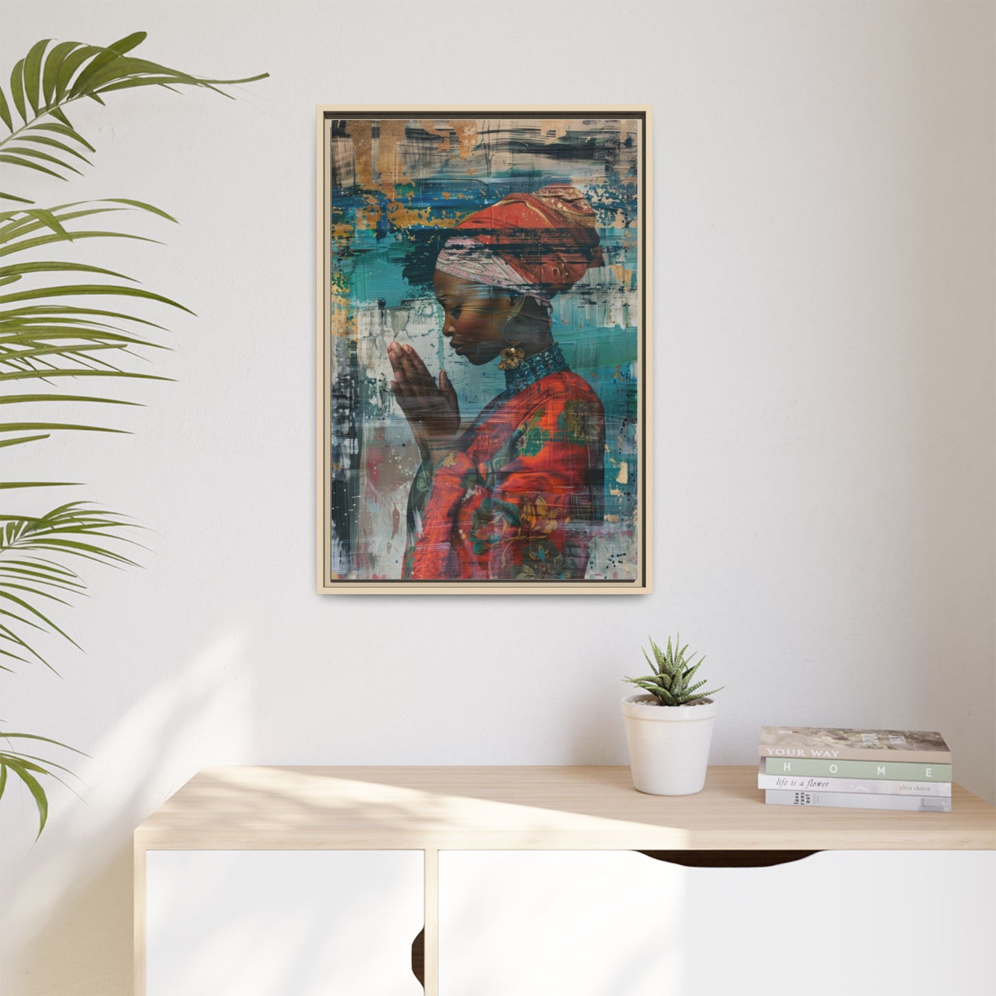 Framed Canvas Print — Woman In Red Dress Praying