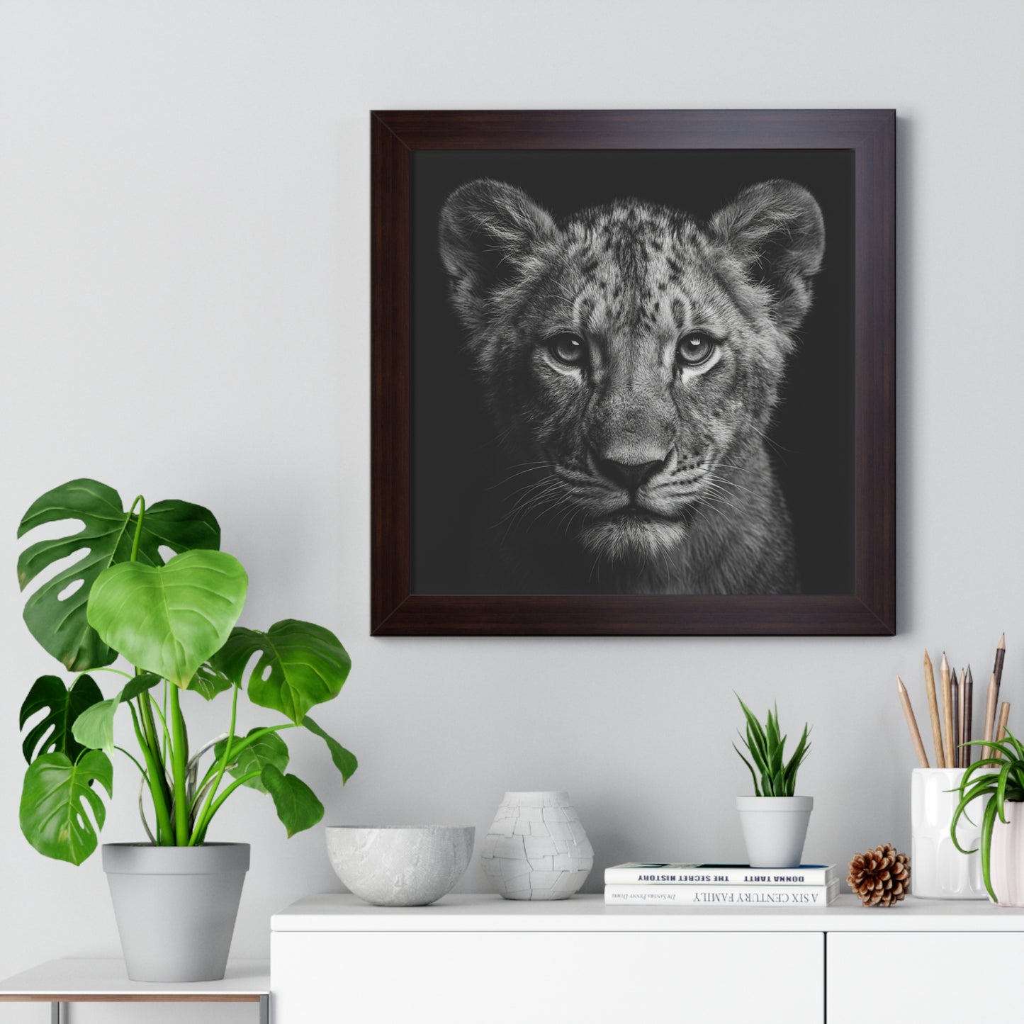 Framed Art Print – Lion Cub In Black