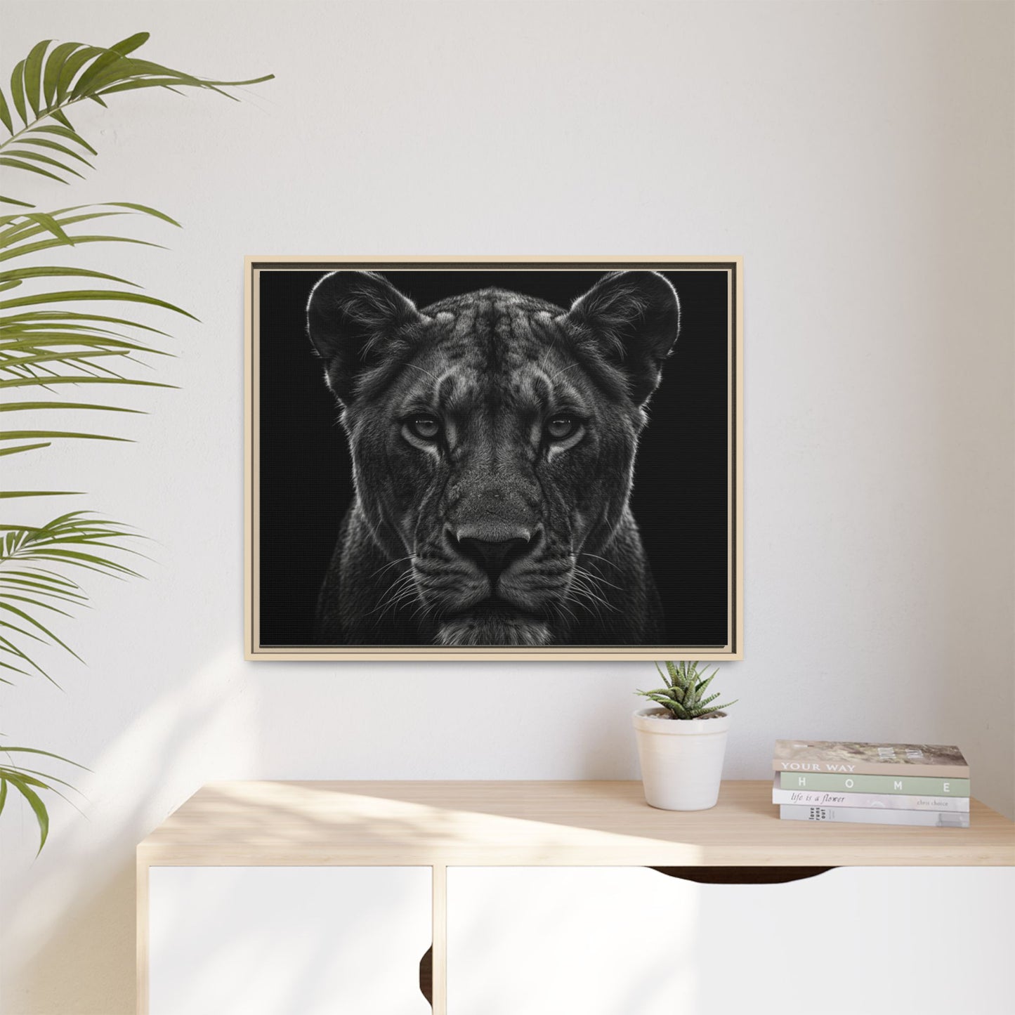 Framed Canvas Print — Lioness In Black