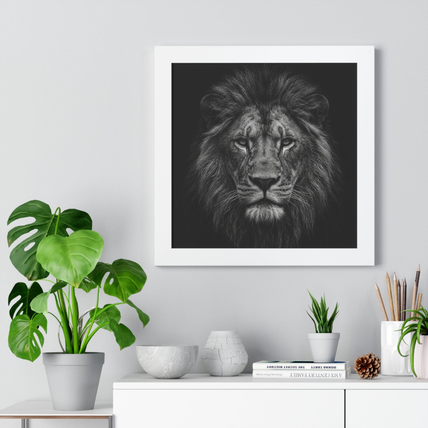 Framed Art Print – Lion In Black Portrait