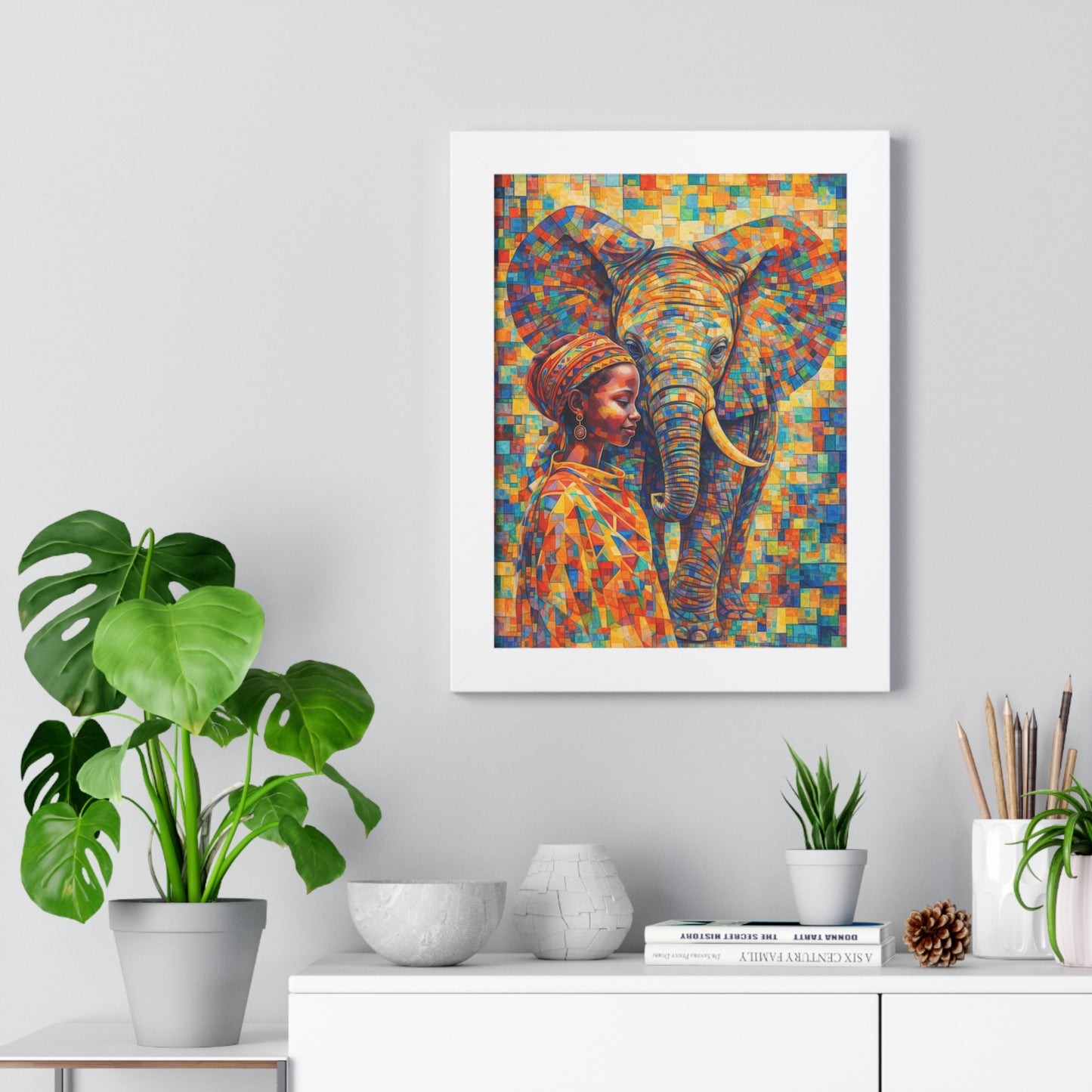 Framed Print — Elephant & Girl Cubism