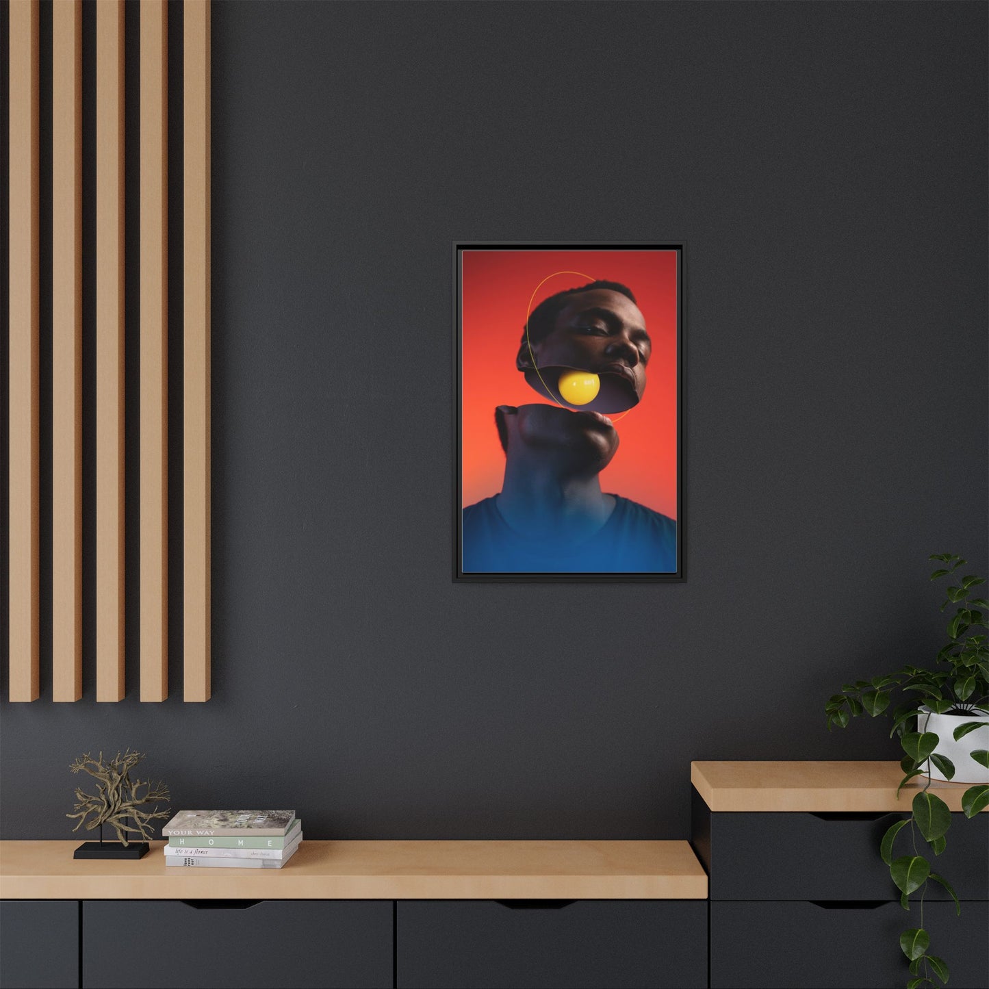 Framed Canvas Print — Floating Face With Yellow Orb