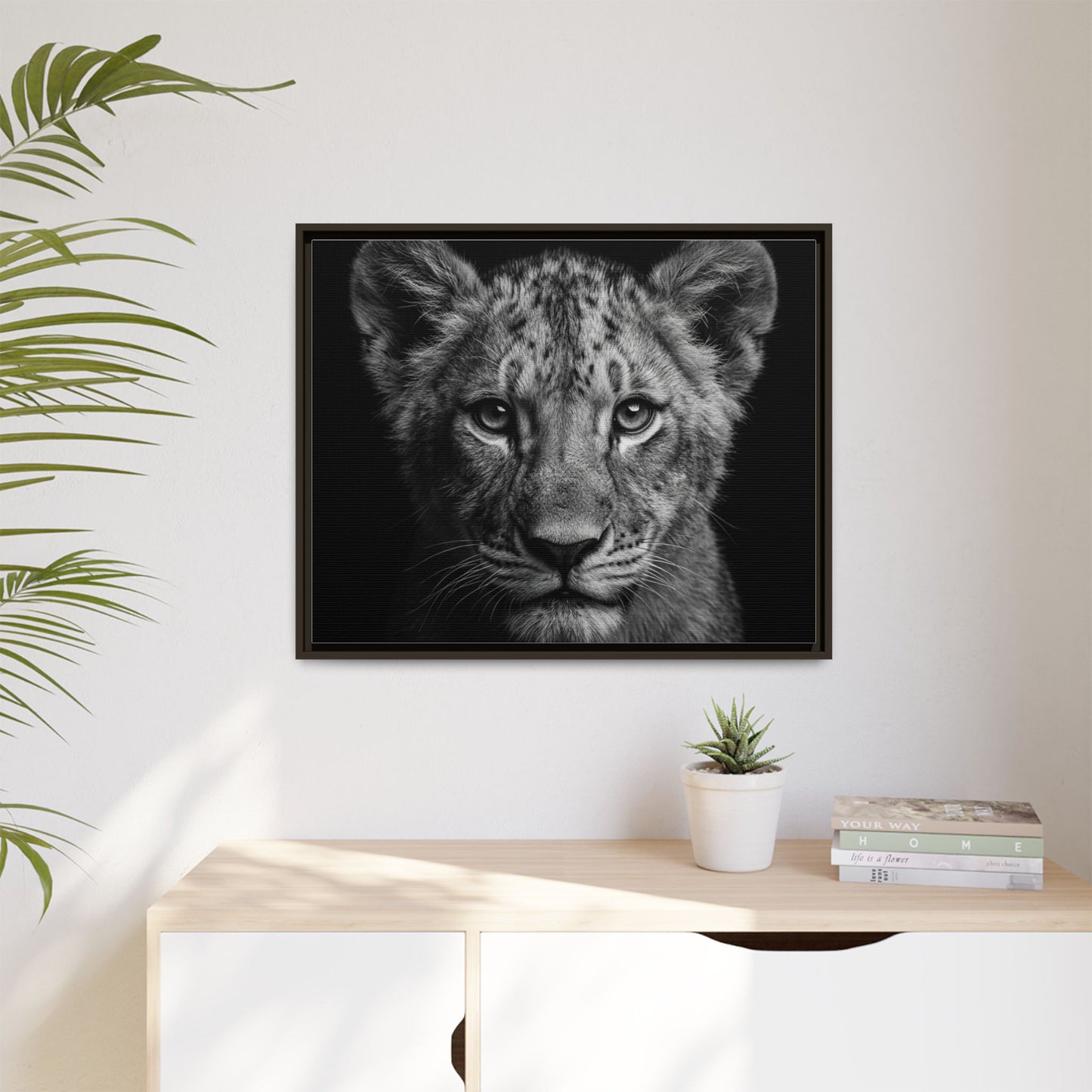 Framed Canvas Print — Lion Cub In Black