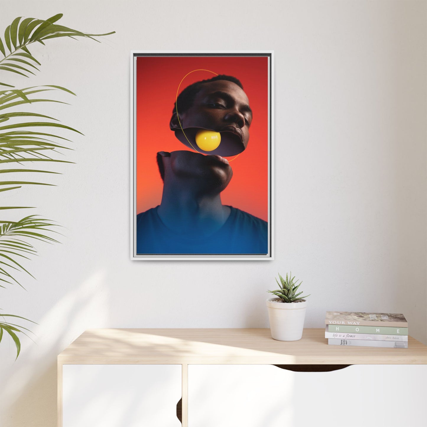 Framed Canvas Print — Floating Face With Yellow Orb