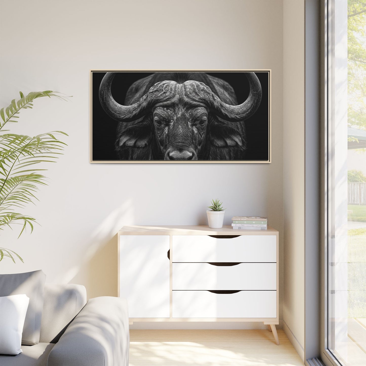 Framed Canvas Print — Cape Buffalo In Black