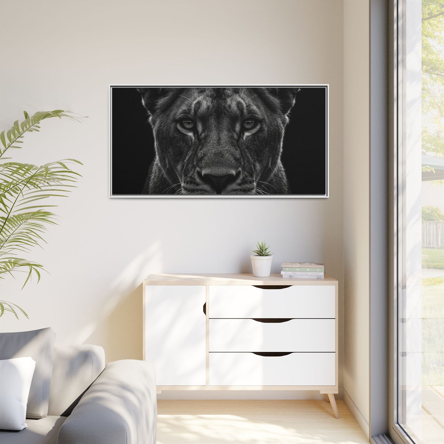 Framed Canvas Print — Lioness In Black