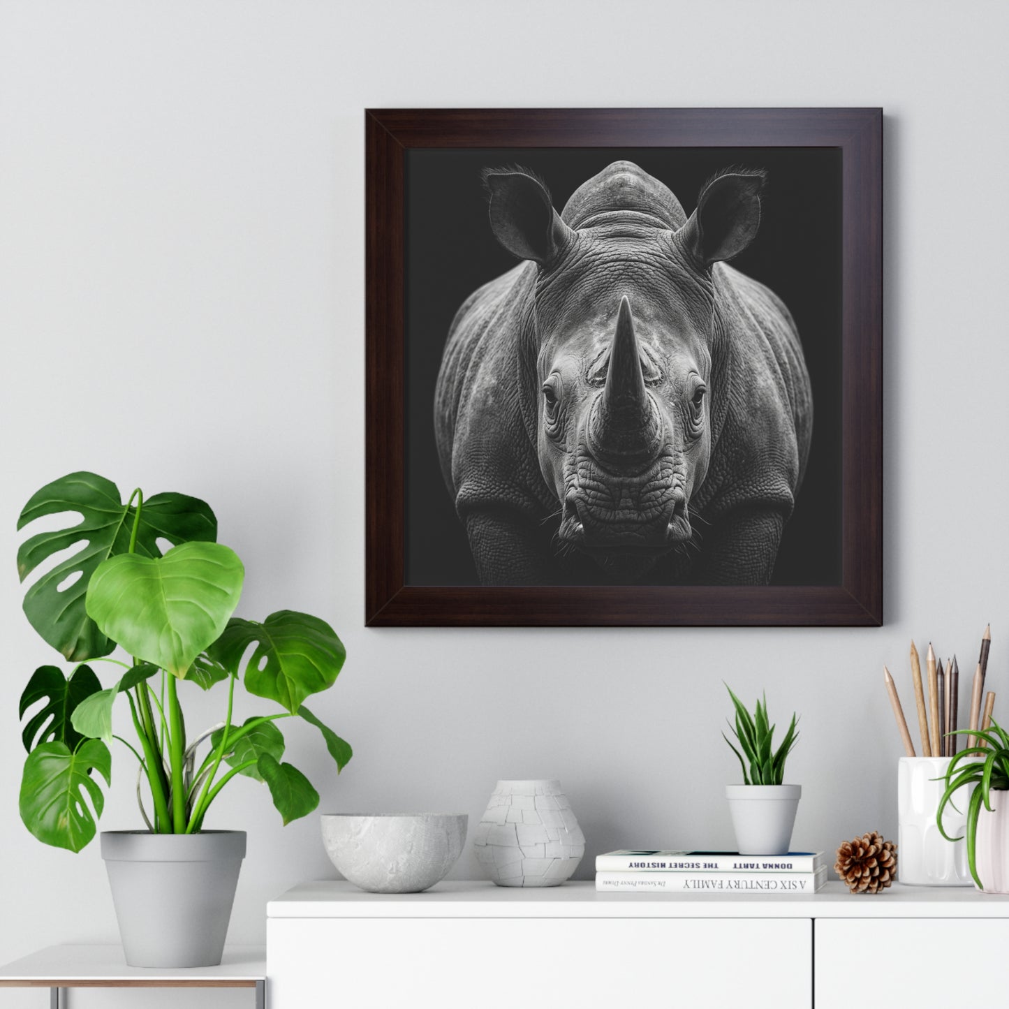 Framed Art Print –  Rhinoceros In Black