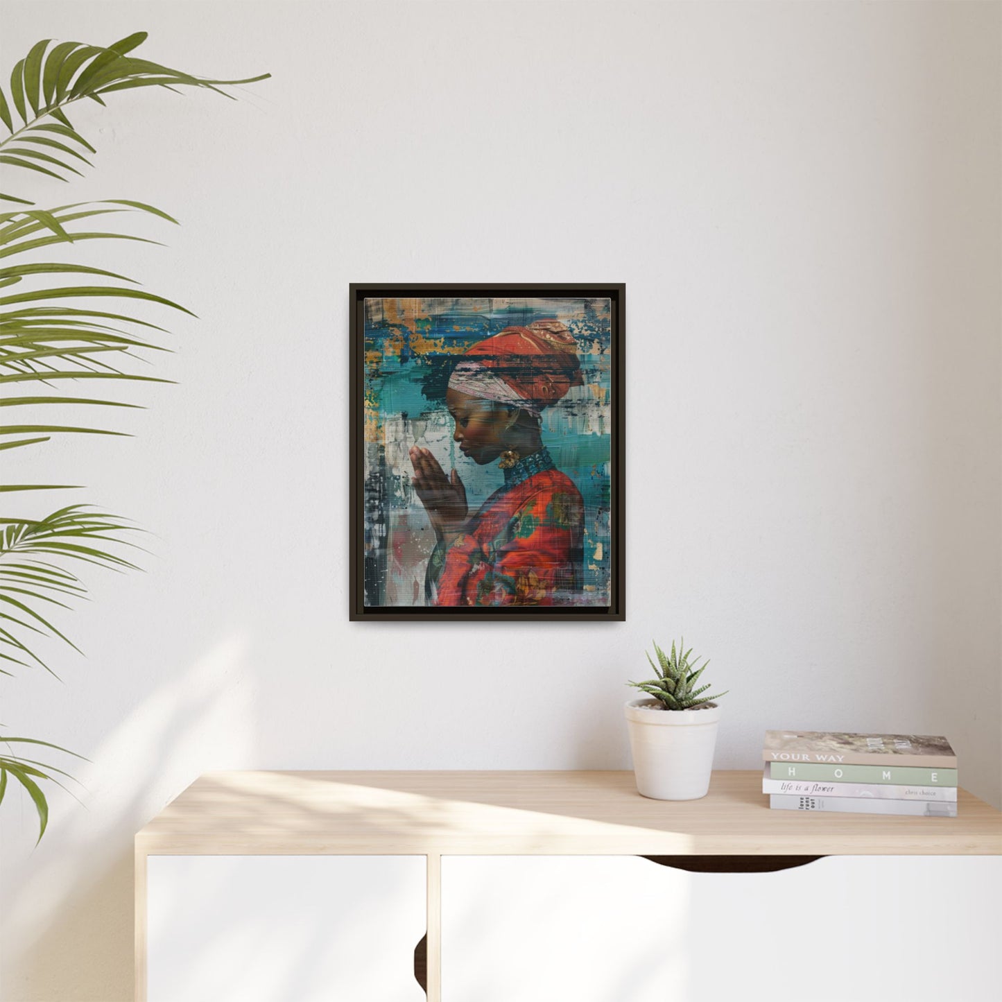 Framed Canvas Print — Woman In Red Dress Praying