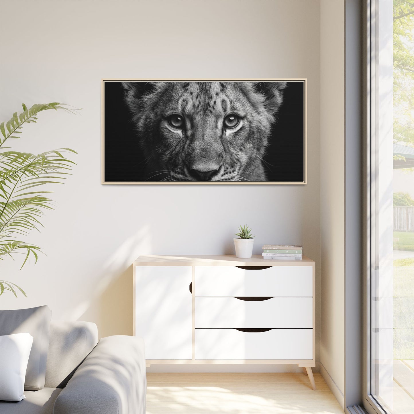 Framed Canvas Print — Lion Cub In Black