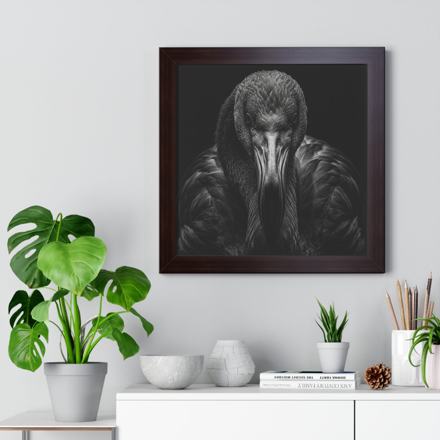 Framed Art Print – Flamingo In Black