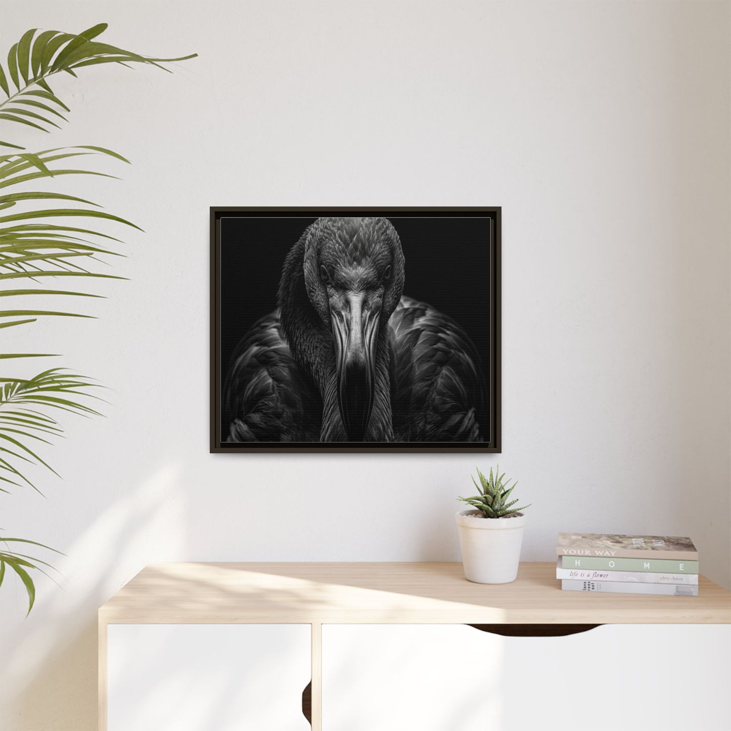 Framed Canvas Print — Flamingo In Black