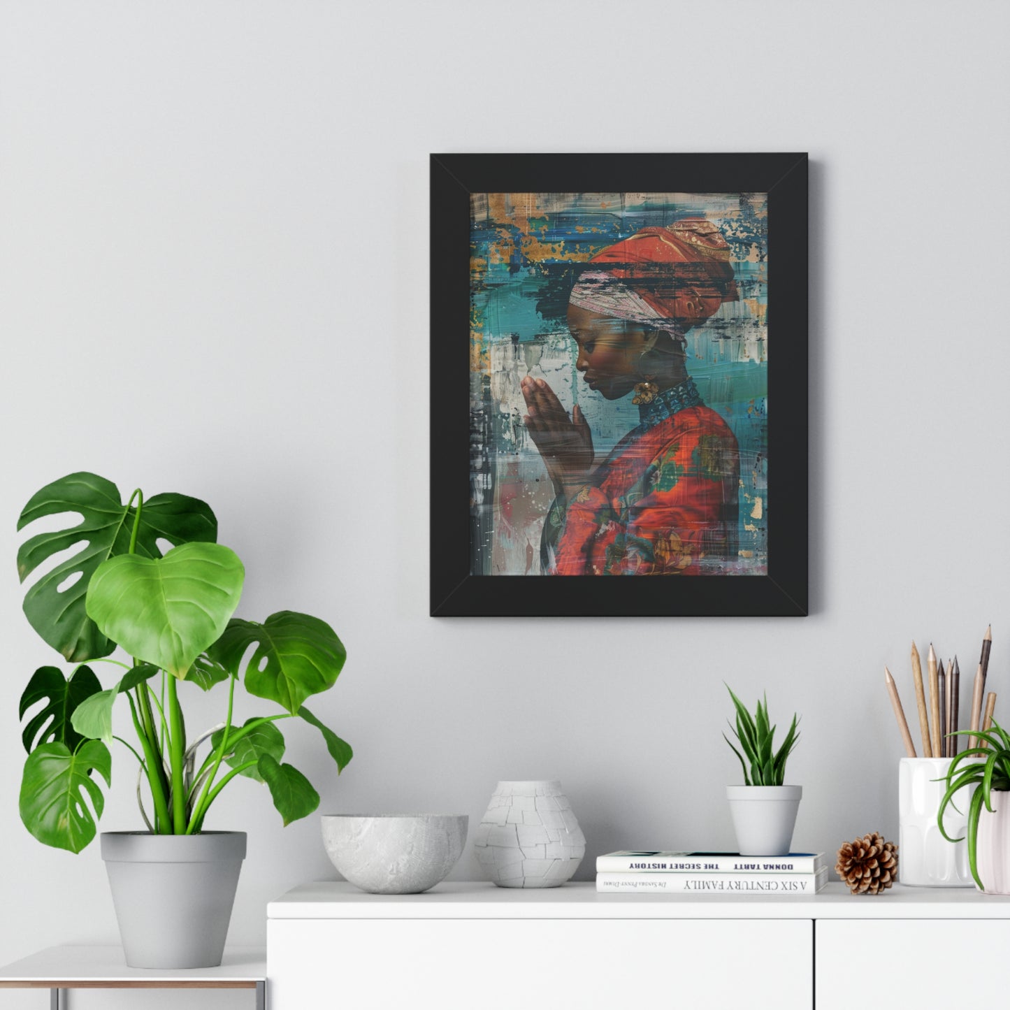 Framed Print — Woman in Red Dress Praying No. 1