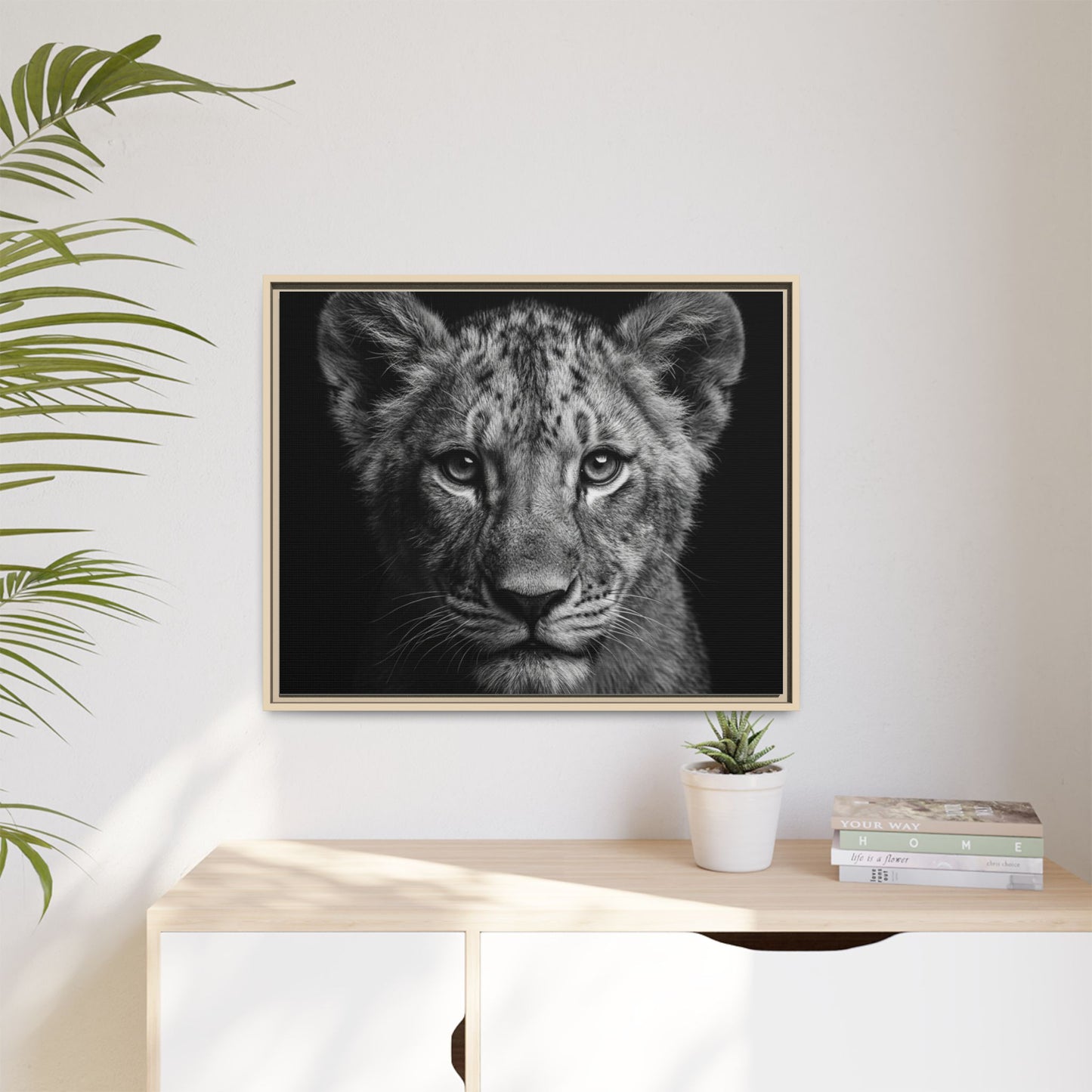 Framed Canvas Print — Lion Cub In Black