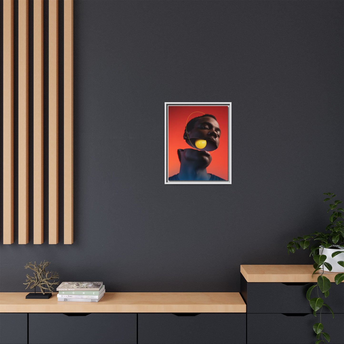 Framed Canvas Print — Floating Face With Yellow Orb