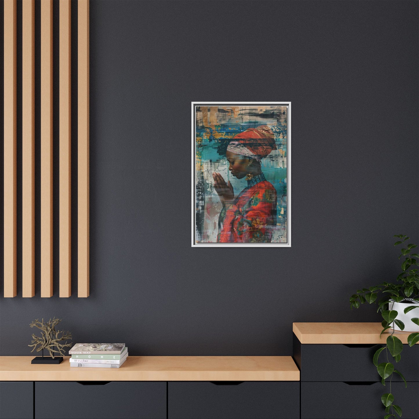 Framed Canvas Print — Woman In Red Dress Praying