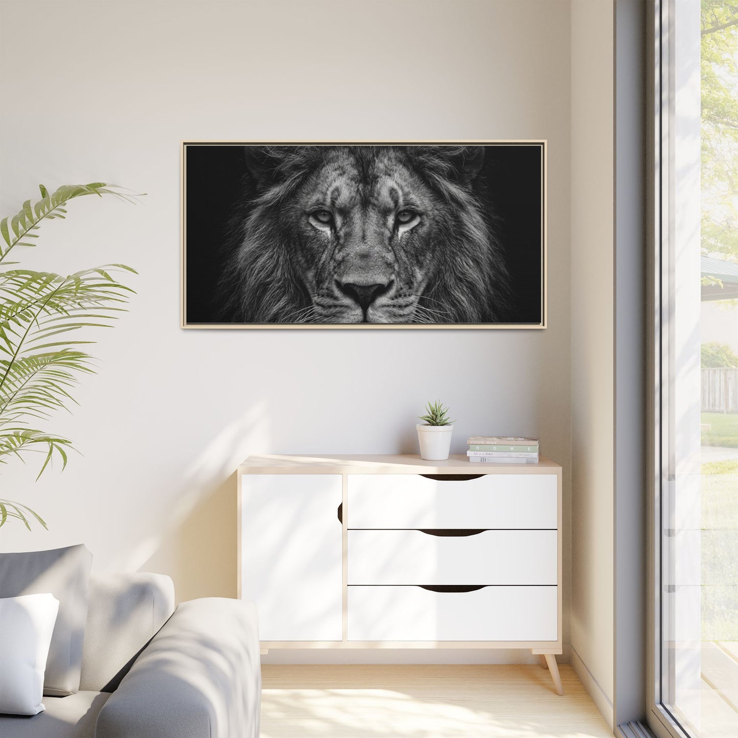 Framed Canvas Print — Lion In Black